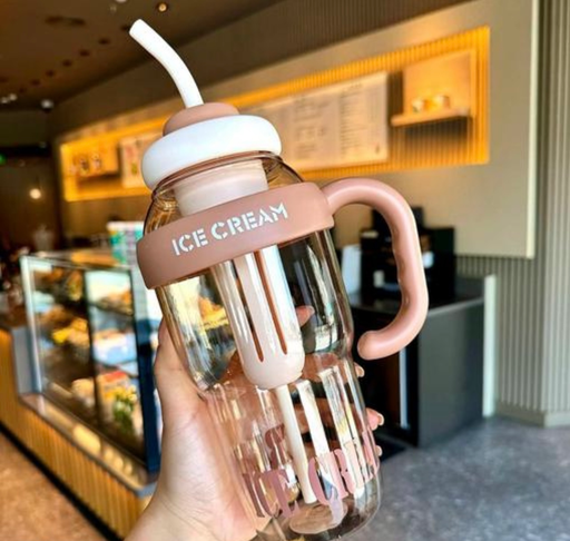 Water bottle with straw and handle big size transparent drinking tumbler 1300ml (multicolour)